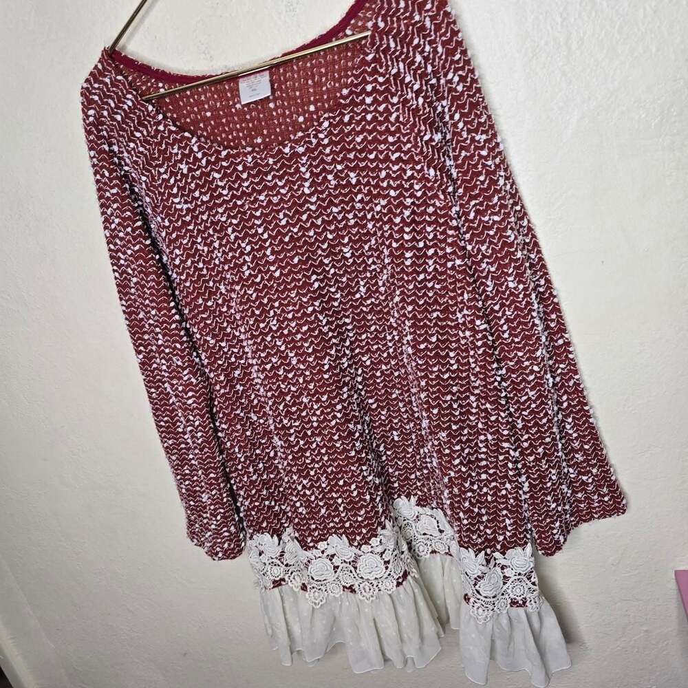 Burgundy Popcorn Knit Lace Ruffle Tunic Dress - Picture 4 of 8